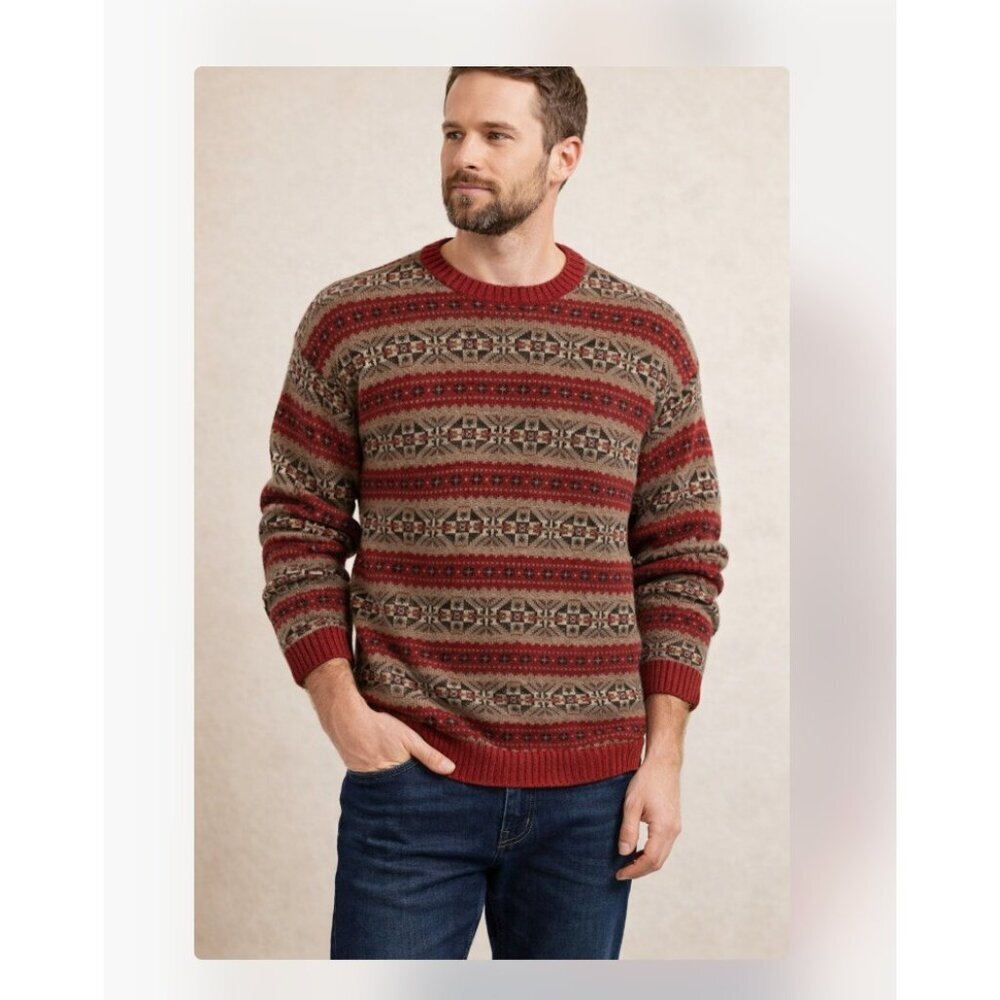 Old Navy Sweater Mens XL Red Fair Isle Crewneck Pullover Ramie Cotton Knit Warm